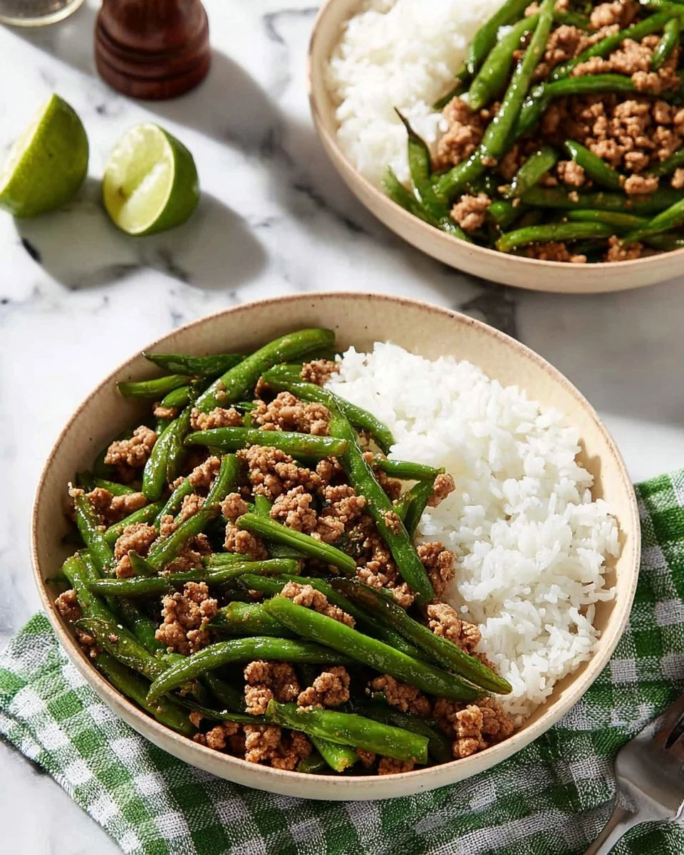Simple dish of Asian ground turkey served with green beans and rice