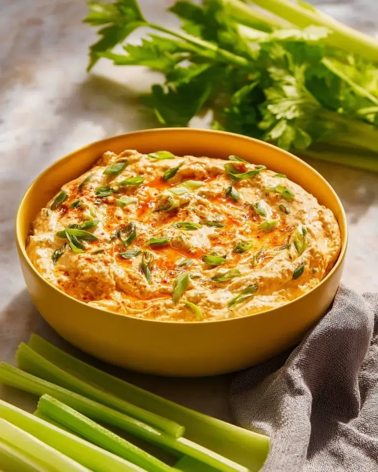 A bowl of simple cold buffalo chicken dip with crackers and veggies for dipping