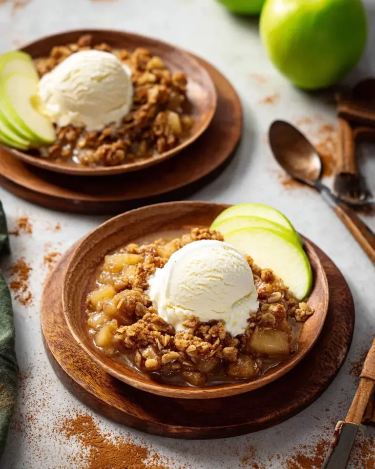 Delicious slow cooker apple crisp topped with oats and cinnamon