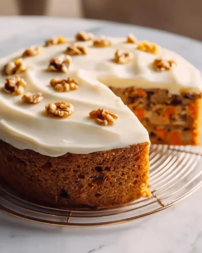Delicious homemade sourdough carrot cake topped with cream cheese frosting.