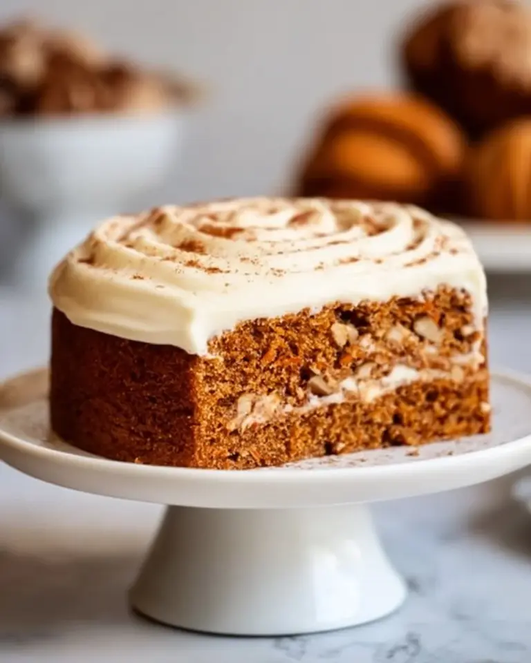 Deliciously moist spiced carrot cake topped with cream cheese frosting