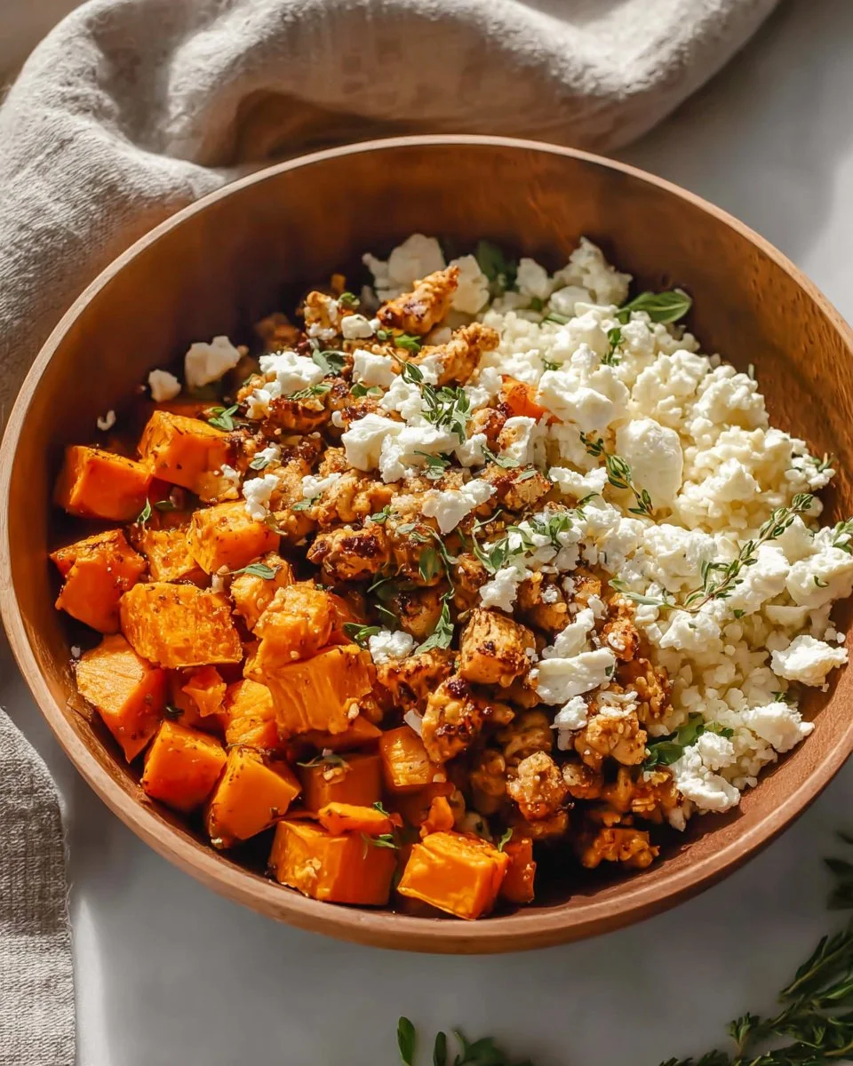 Plate of spiced turkey served with roasted sweet potatoes and feta sauce.