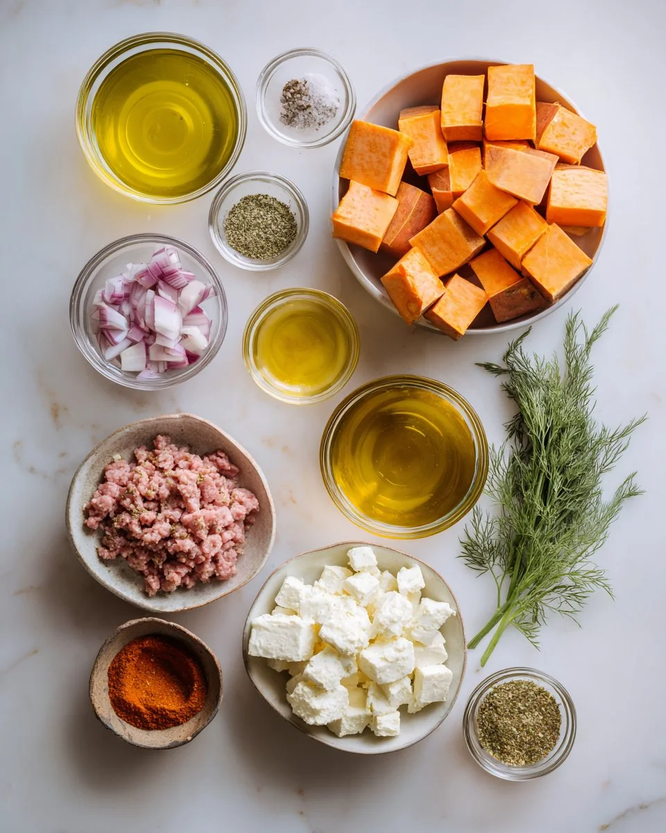 Spiced Turkey and Roasted Sweet Potatoes with Feta Sauce