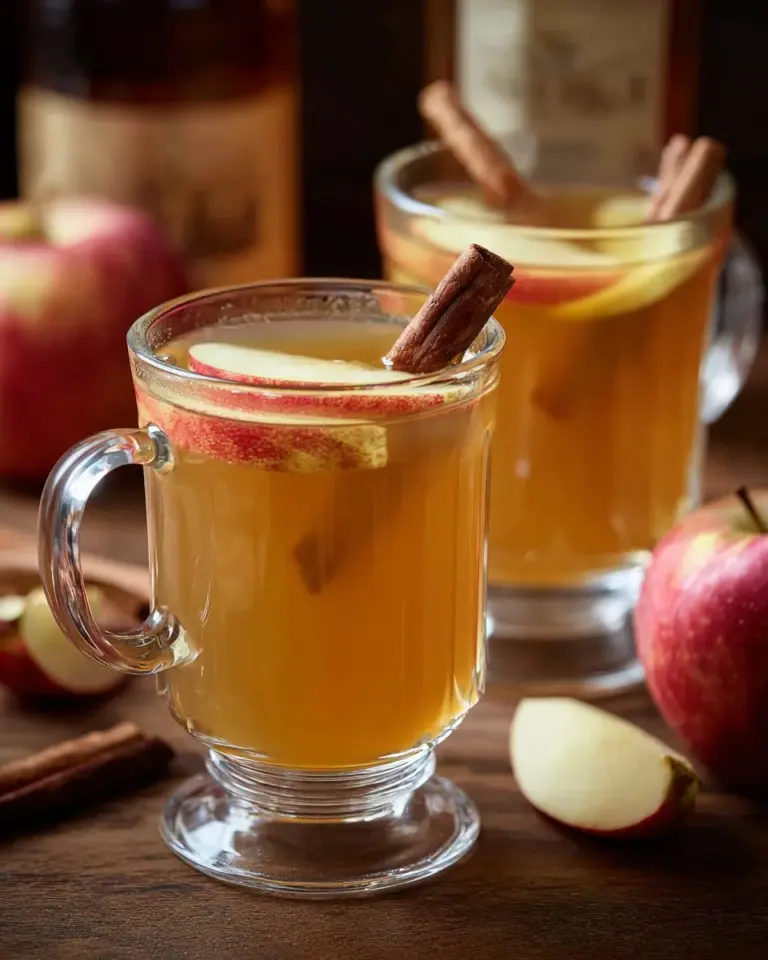Glass of spiked apple cider garnished with cinnamon sticks and apple slices