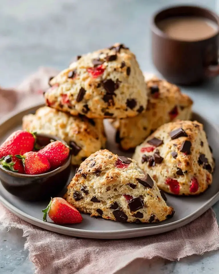Freshly baked strawberry chocolate chip scones on a plate