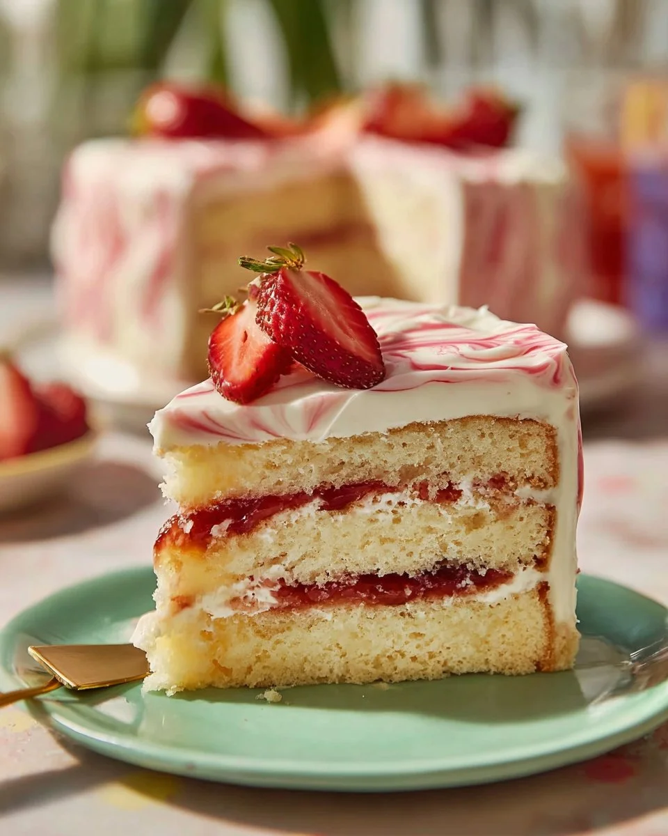 Delicious Strawberry Layer Cake with fresh strawberries and cream