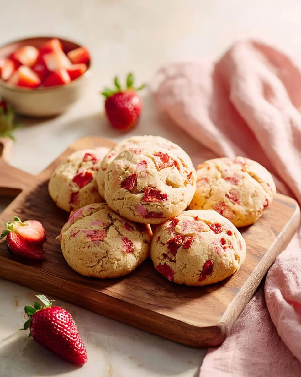 Freshly baked strawberry shortcake cookies on a cooling rack