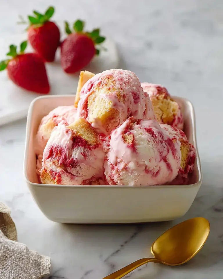 Strawberry shortcake ice cream in a bowl topped with fresh strawberries