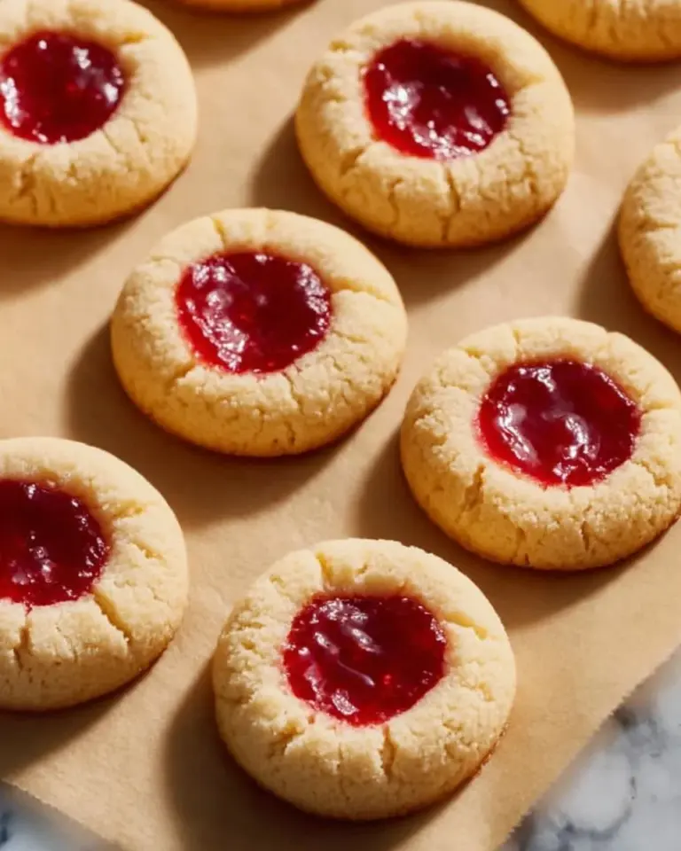 Freshly baked Strawberry Thumbprint Cookies with vibrant strawberry jam