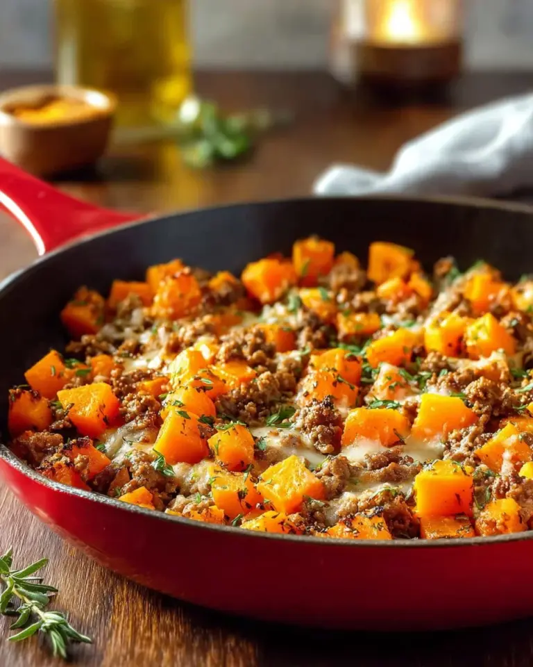 Delicious sweet potato and ground turkey hash served in a pan.