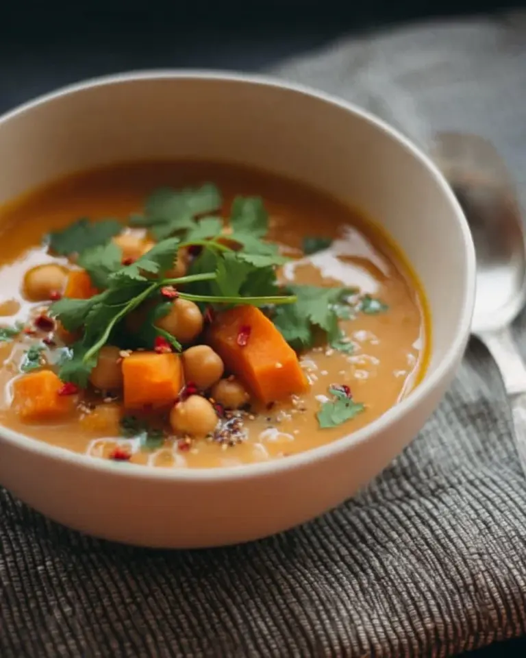 Delicious sweet potato curry chickpea soup in a warm bowl