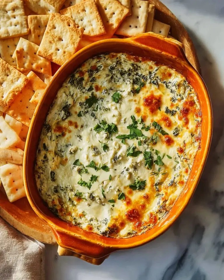 Delicious baked spinach artichoke dip served with crispy chips