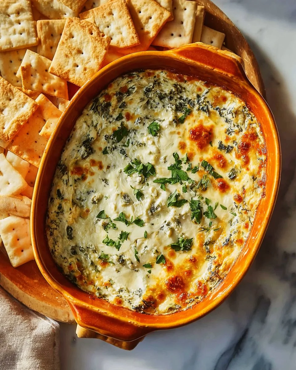 Delicious baked spinach artichoke dip served with crispy chips