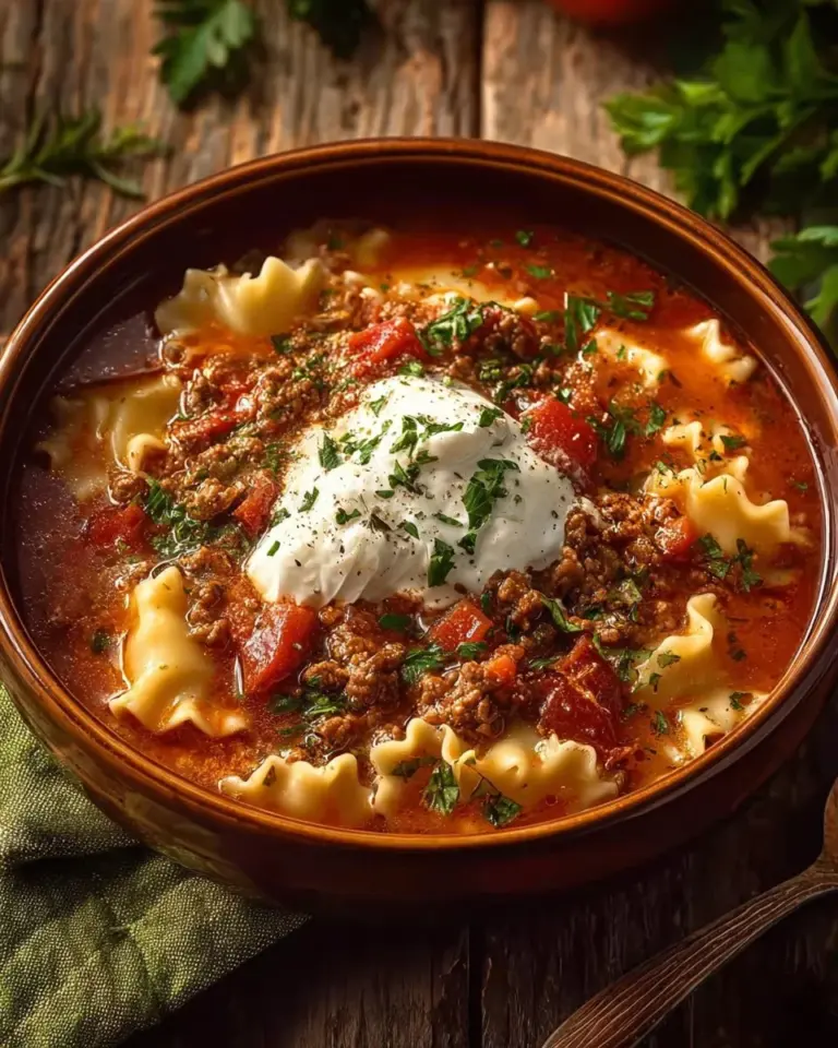 Bowl of tasty gluten-free and dairy-free lasagna soup garnished with herbs.