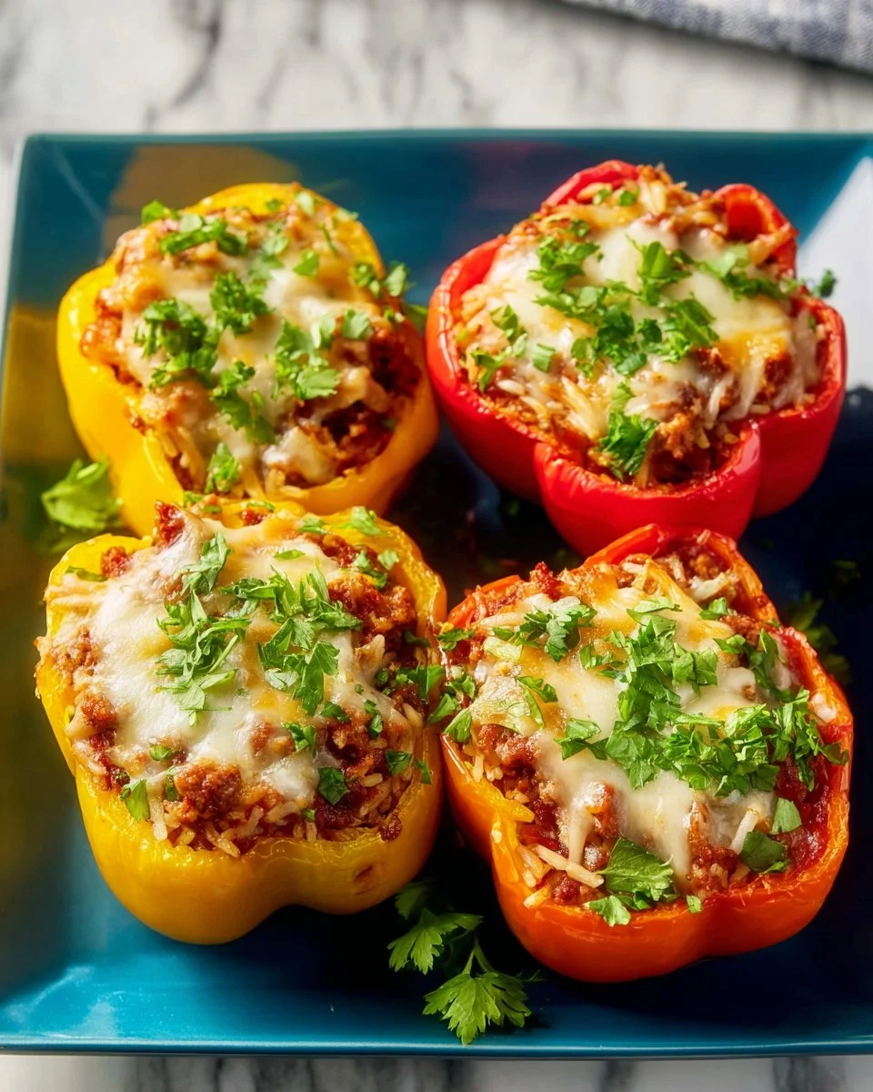 Ground turkey stuffed peppers filled with fresh vegetables and spices
