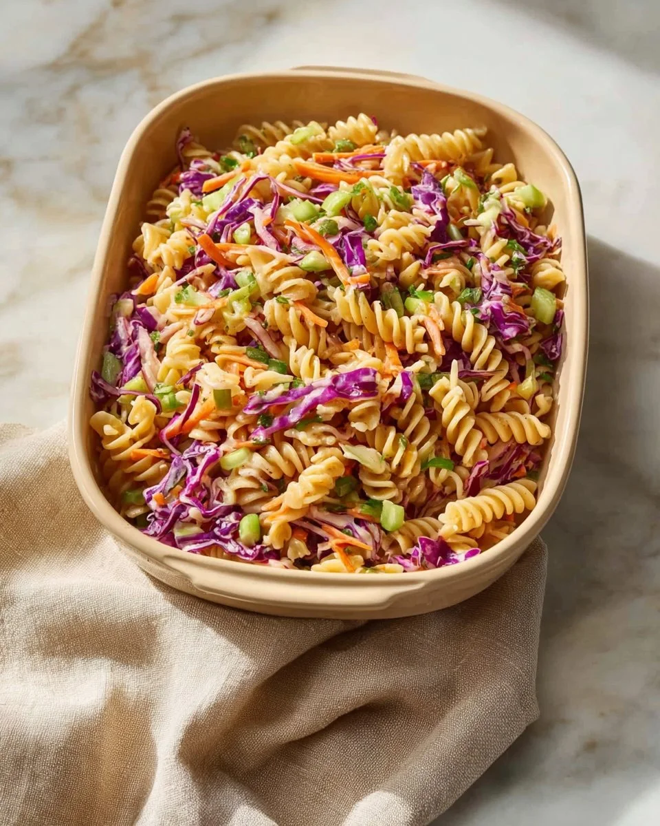 Tasty high protein Asian pasta salad in a vibrant bowl with fresh ingredients.