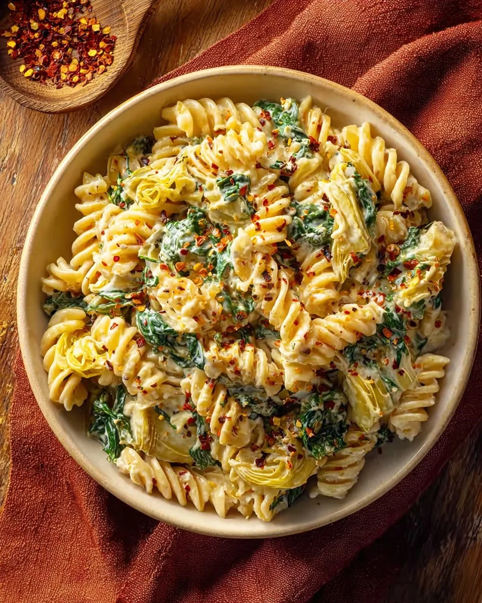 A bowl of spinach artichoke dip pasta topped with cheese and herbs