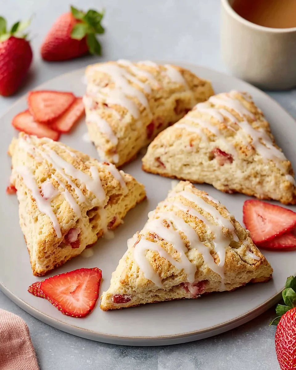 Freshly baked tender strawberry rhubarb scones on a wooden table.