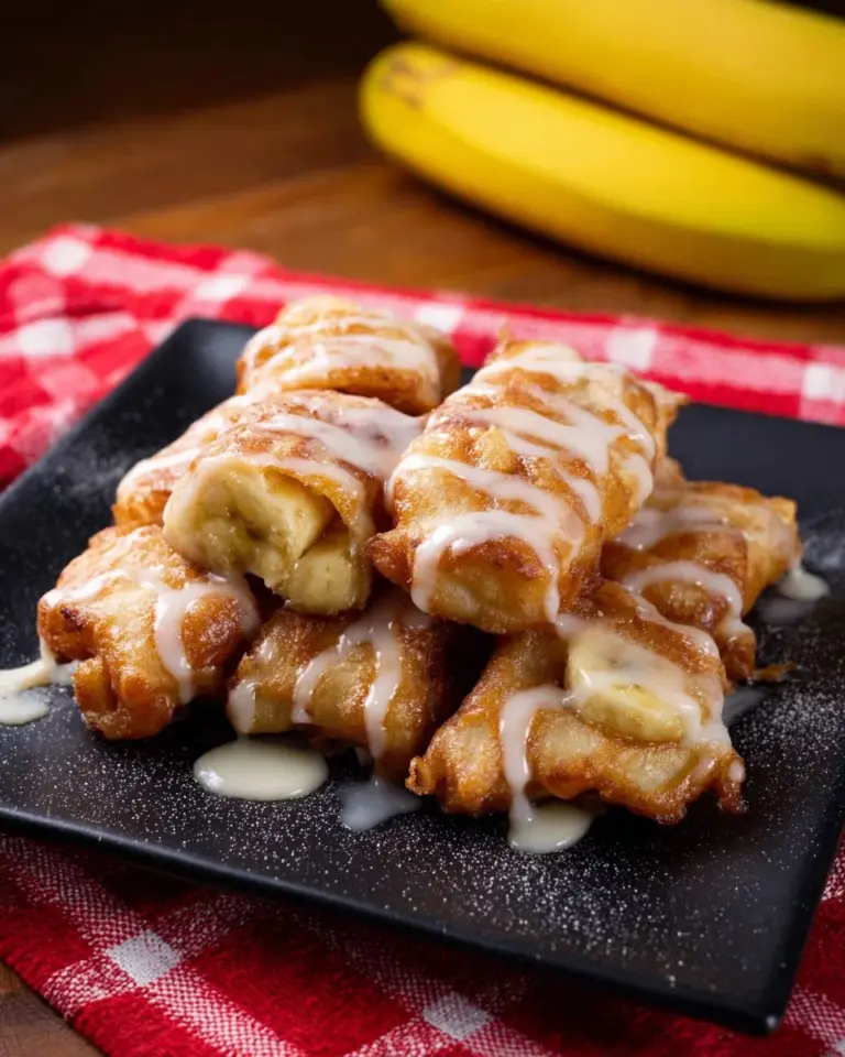 Delicious Thai banana roti ready to be served with fresh bananas and drizzled with syrup