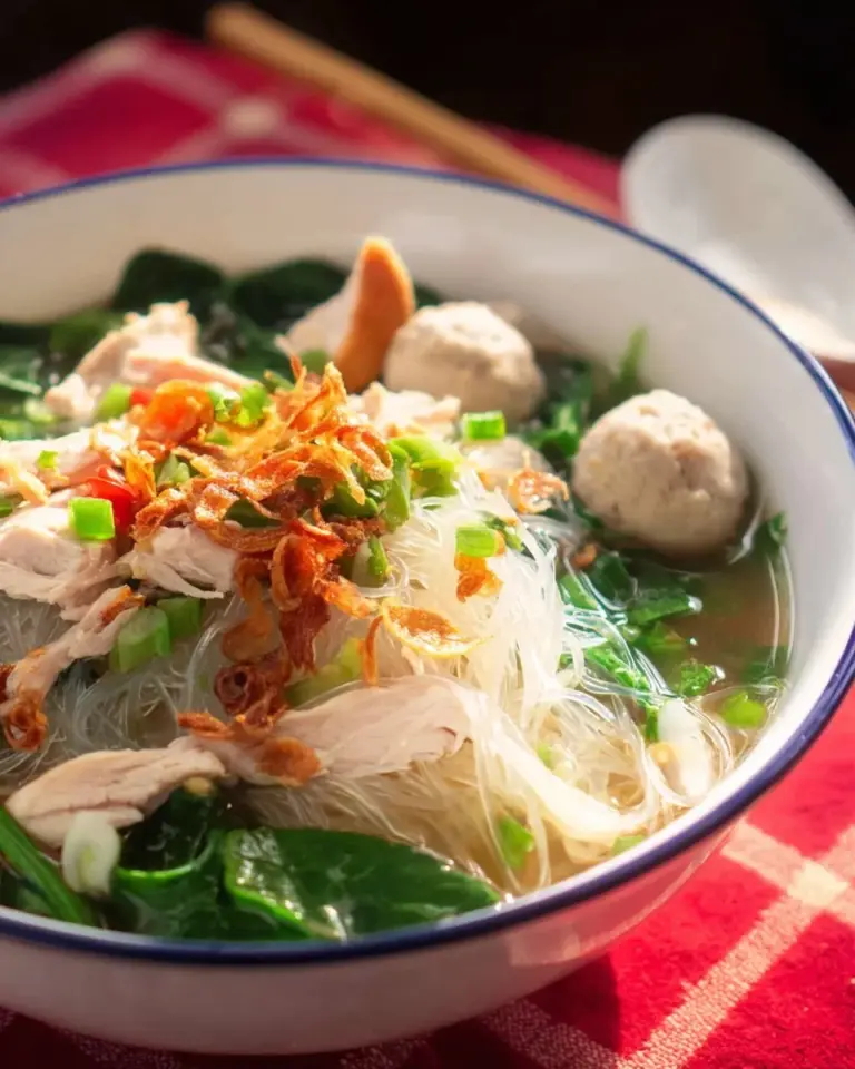 A bowl of flavorful Thai Chicken Noodle Soup with fresh herbs and chicken.