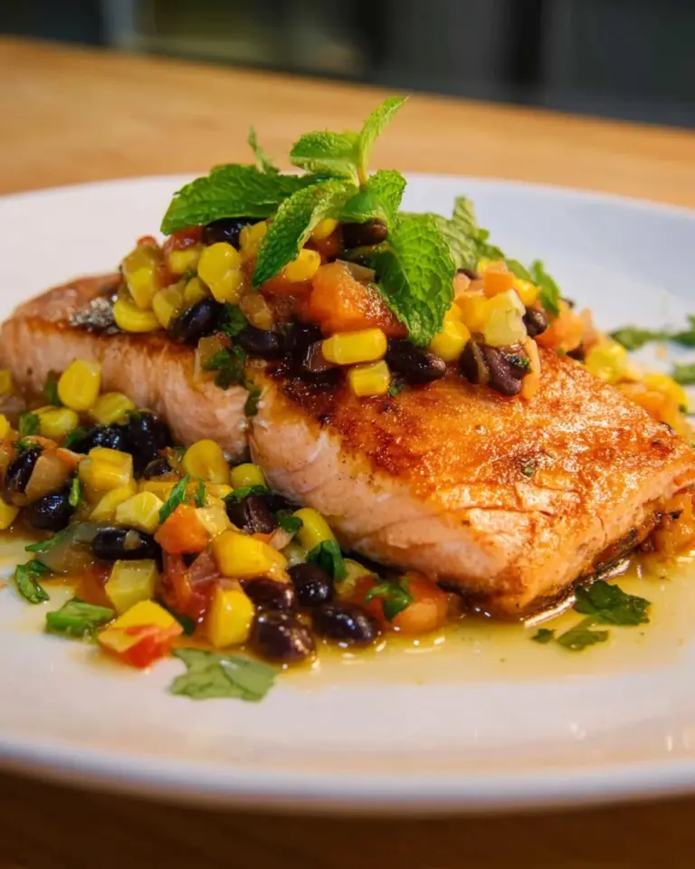 Delicious Thai Salmon served with fresh Thai Corn Salsa on a plate