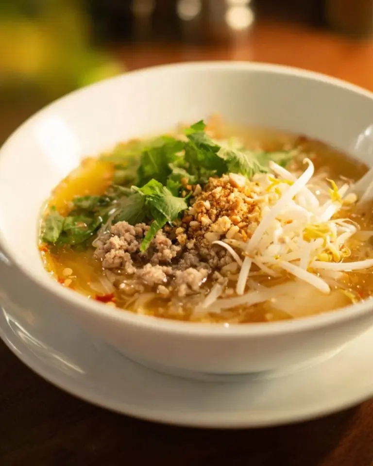 Bowl of delicious Thai spicy and sour noodle soup garnished with fresh herbs