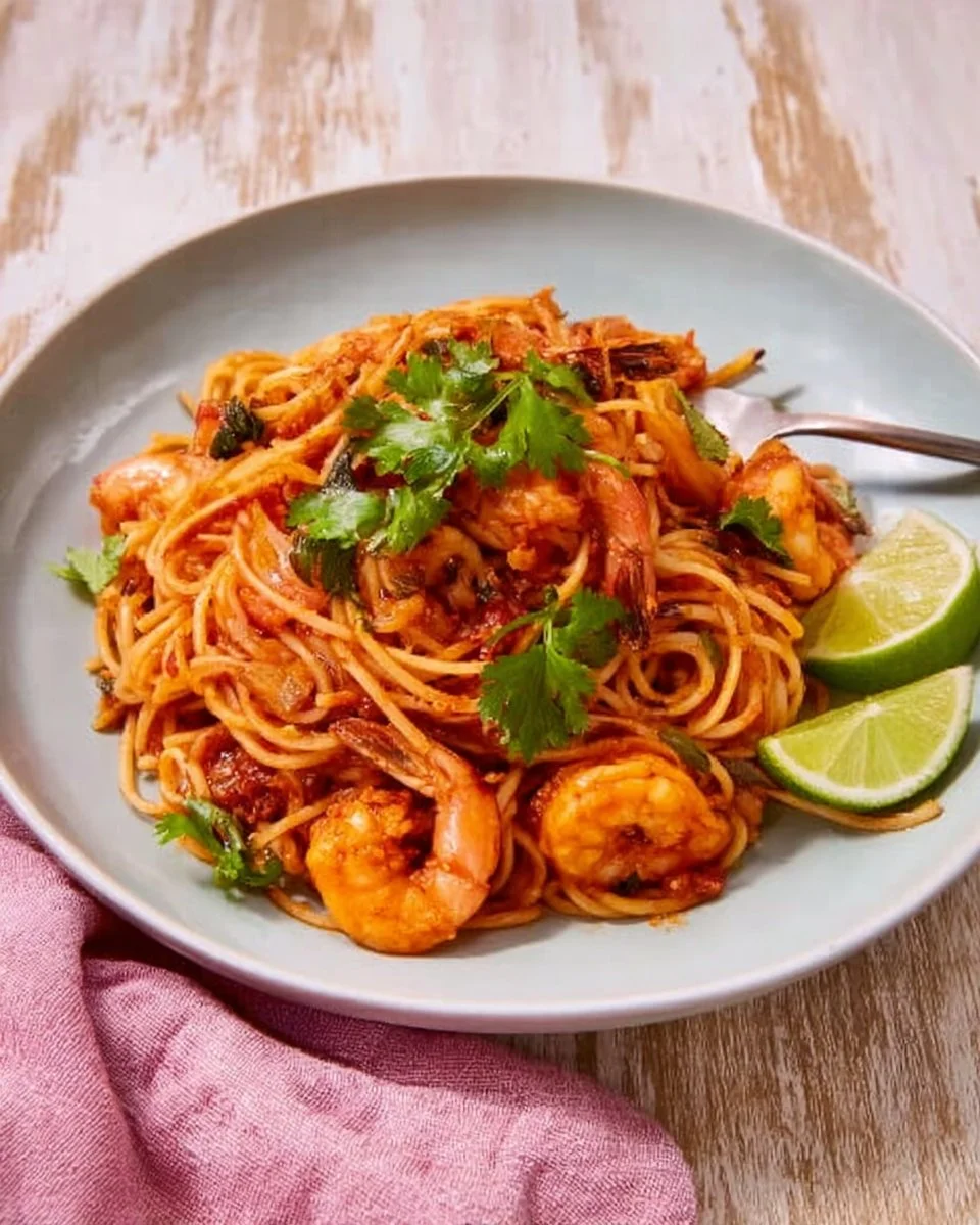 A bowl of Tom Yum Spaghetti with shrimp, showcasing vibrant colors and ingredients.