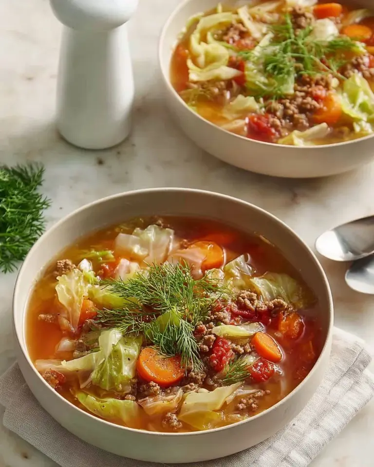 Bowl of traditional stuffed cabbage soup with ground turkey and fresh herbs.