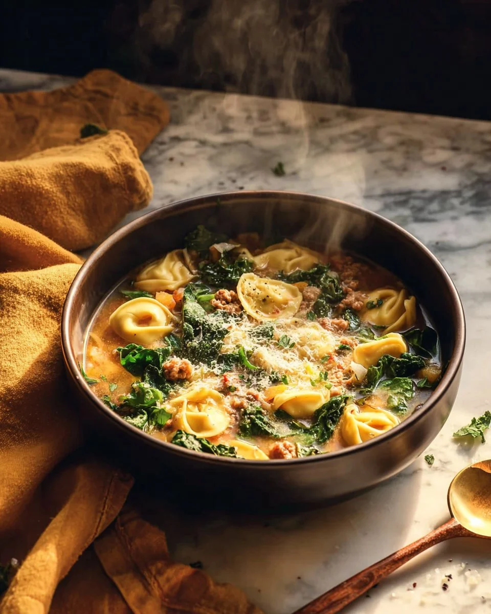 Bowl of Turkey and Spinach Tortellini Soup garnished with fresh herbs