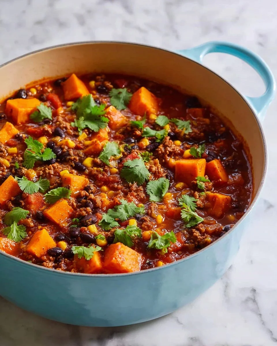 Bowl of warming ground turkey and sweet potato chili topped with fresh herbs