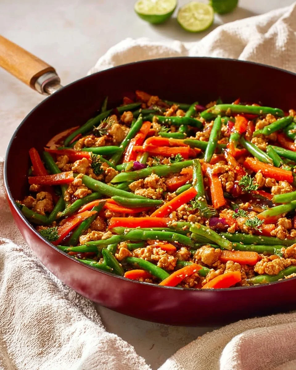 Weeknight ground turkey with green beans teriyaki served in a bowl.