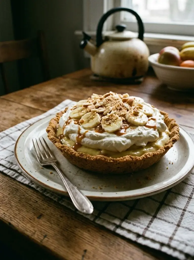 Delicious homemade Banana Cream Pie with fresh bananas and whipped cream topping.