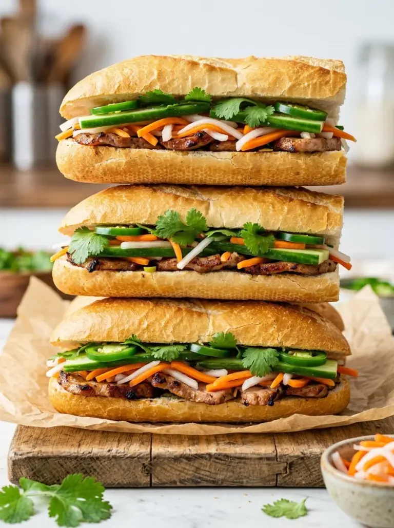 Banh Mi sandwich with fresh vegetables and meats on a crusty baguette