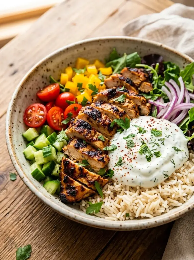 Delicious Chicken Shawarma Bowl topped with fresh vegetables and flavorful sauces.