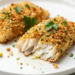 Plate of crispy oven baked cod with herbs and lemon