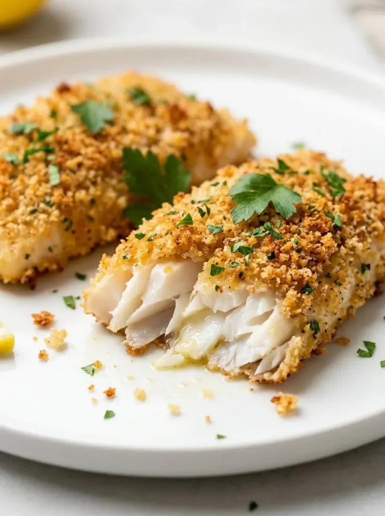Plate of crispy oven baked cod with herbs and lemon