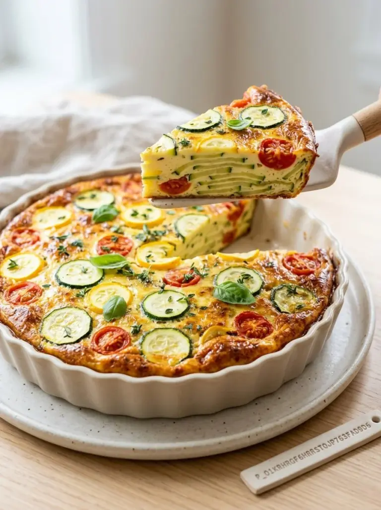 Slice of crustless zucchini tomato quiche on a plate