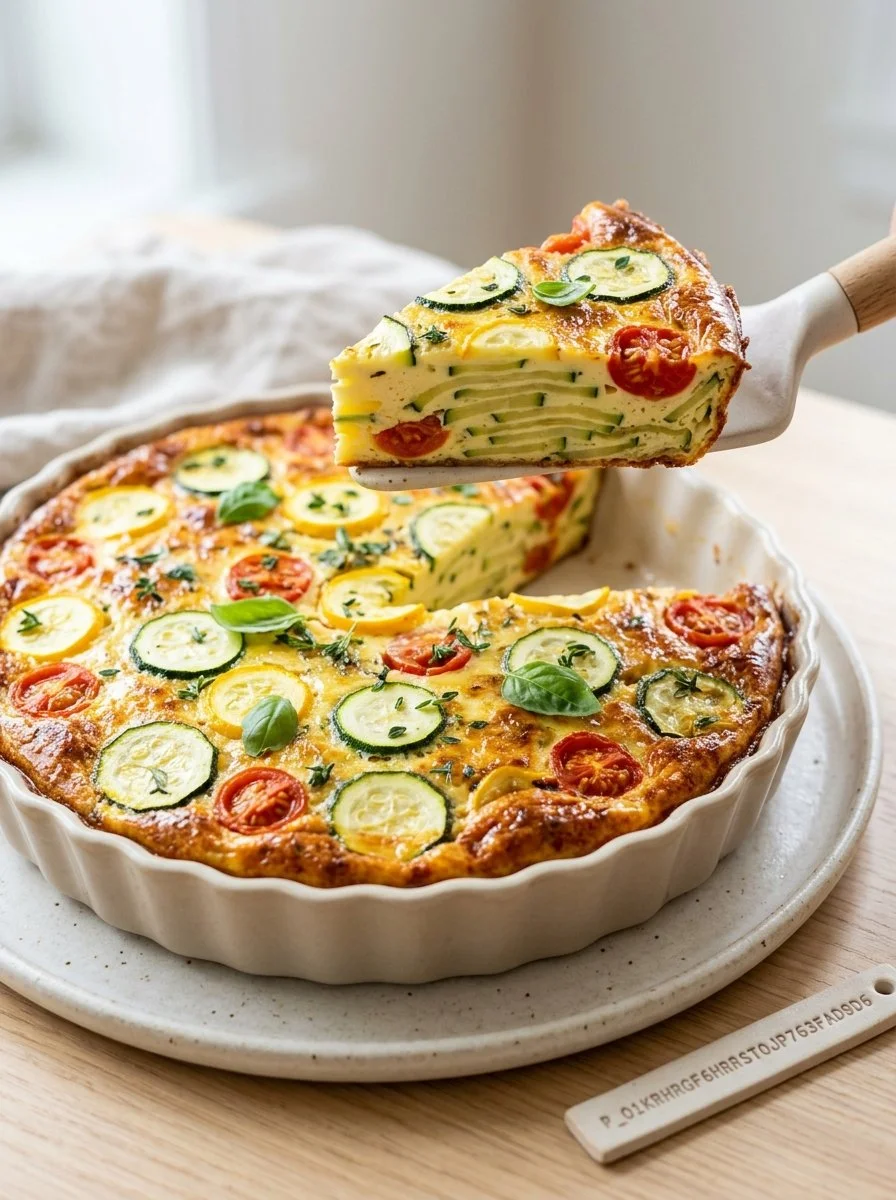 Slice of crustless zucchini tomato quiche on a plate