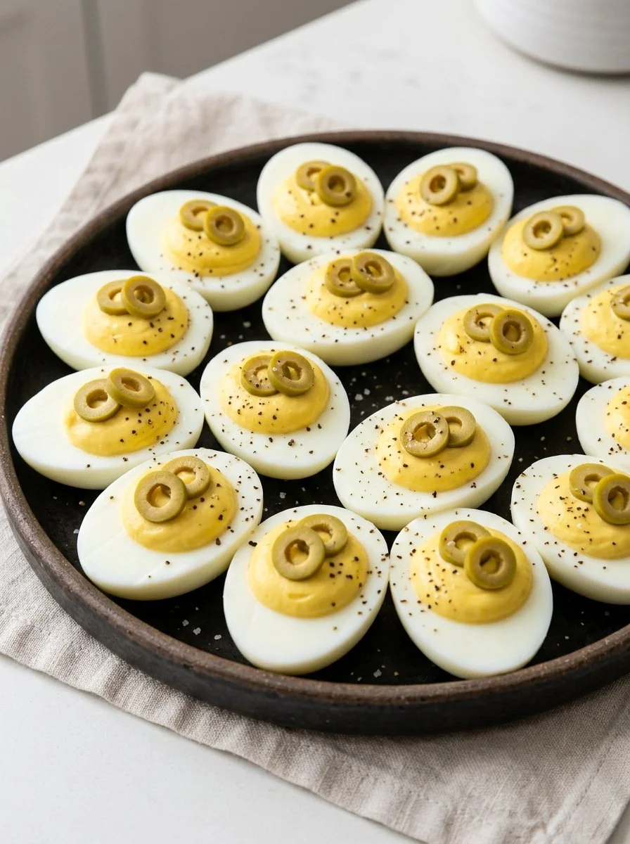 Delicious Dirty Martini Deviled Eggs garnished with olives and herbs