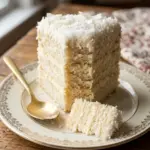 Deliciously moist coconut cake topped with fresh coconut flakes and cream