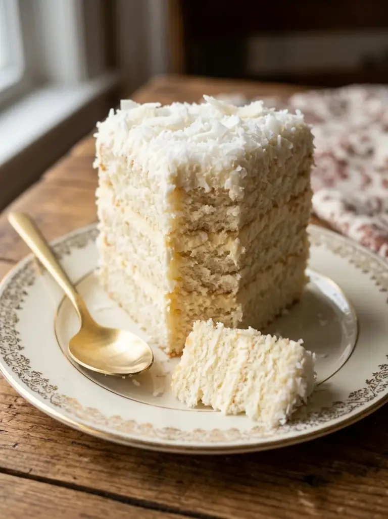 Deliciously moist coconut cake topped with fresh coconut flakes and cream