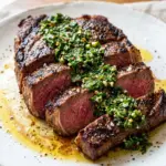 Perfectly cooked ribeye steak in the oven with seasonings.