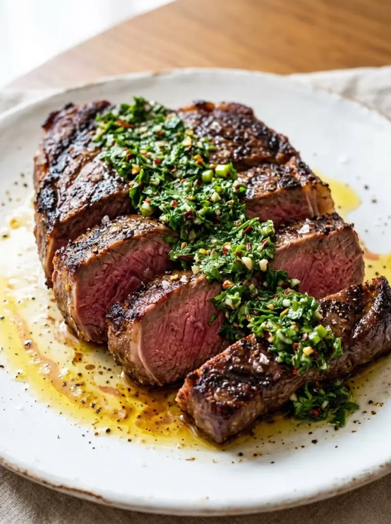 Perfectly cooked ribeye steak in the oven with seasonings.