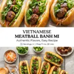 A delicious Meatball Banh Mi sandwich with fresh vegetables and herbs.