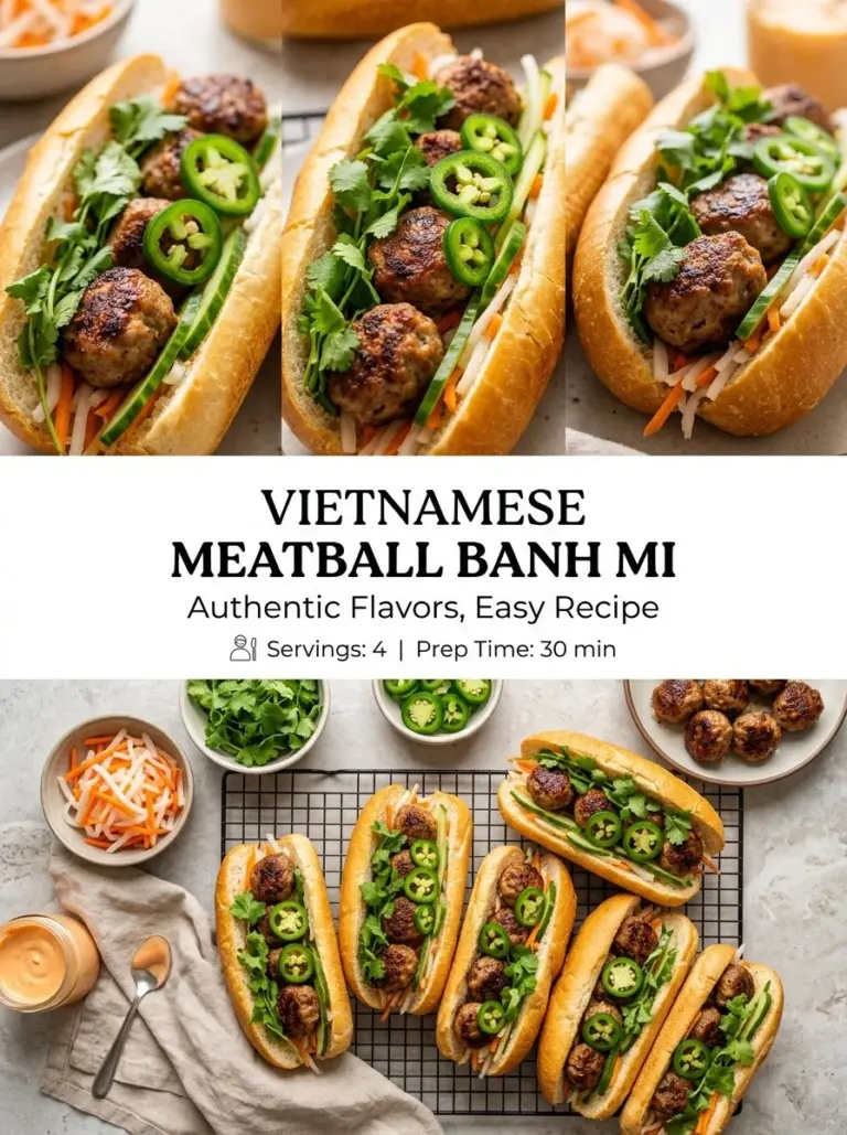 A delicious Meatball Banh Mi sandwich with fresh vegetables and herbs.