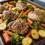 Parmesan crusted chicken with vegetables on a sheet pan for a delicious dinner.