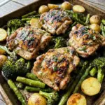 Sheet pan garlic butter chicken and mixed veggies ready to serve