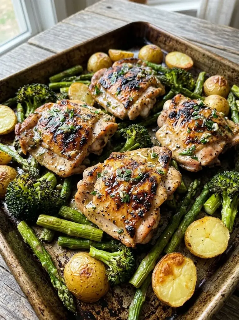 Sheet pan garlic butter chicken and mixed veggies ready to serve