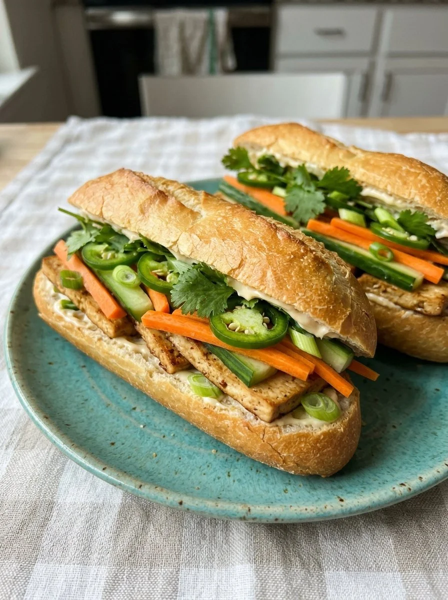 Delicious Tofu Banh Mi Sandwich with fresh vegetables and tofu filling